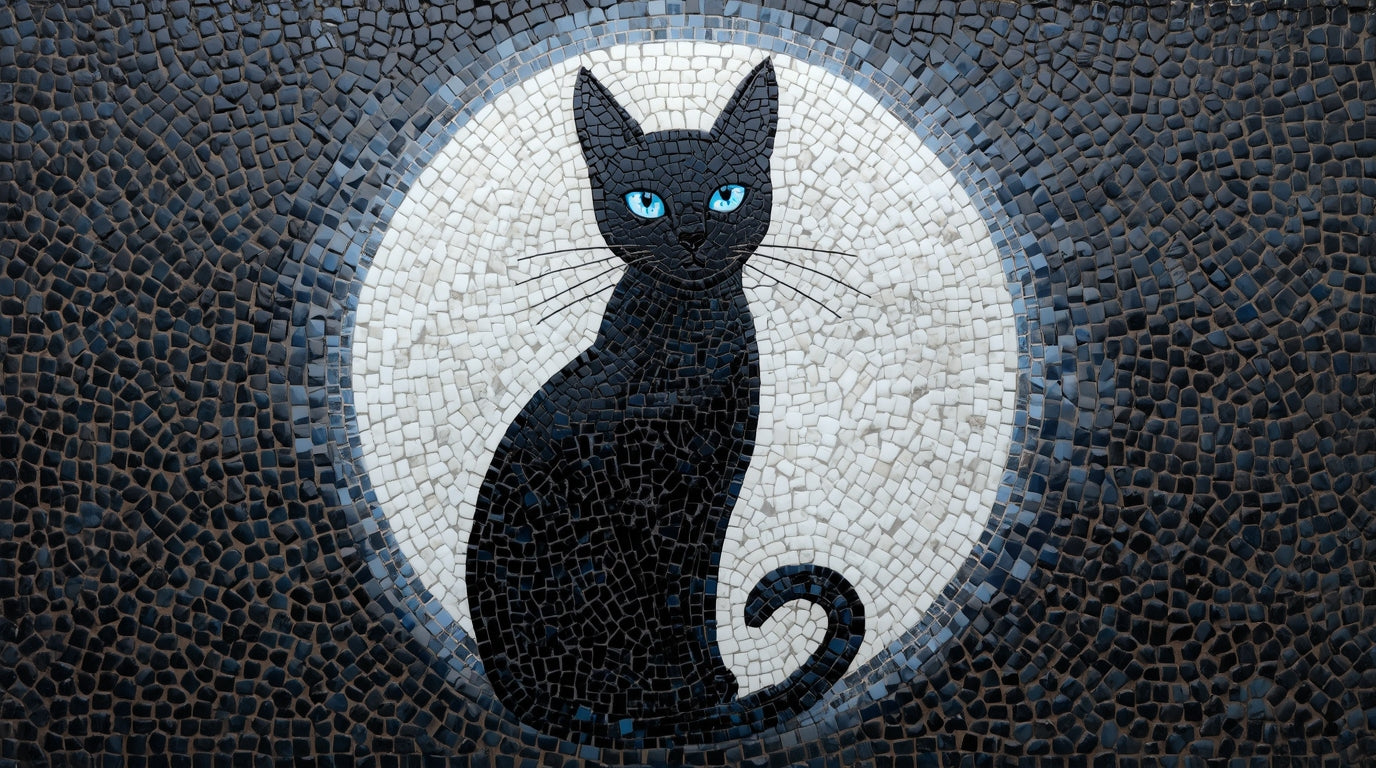 black cat with bright blue eyes , mosaic artwork