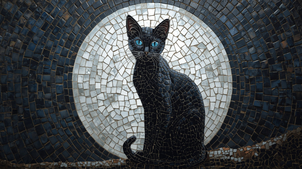 black cat with bright blue eyes , mosaic artwork